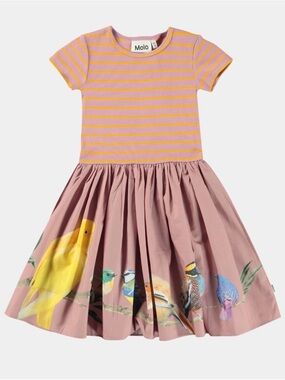 Molo Pink & Yellow Striped Top with Blush Bird-Print Skirt 6